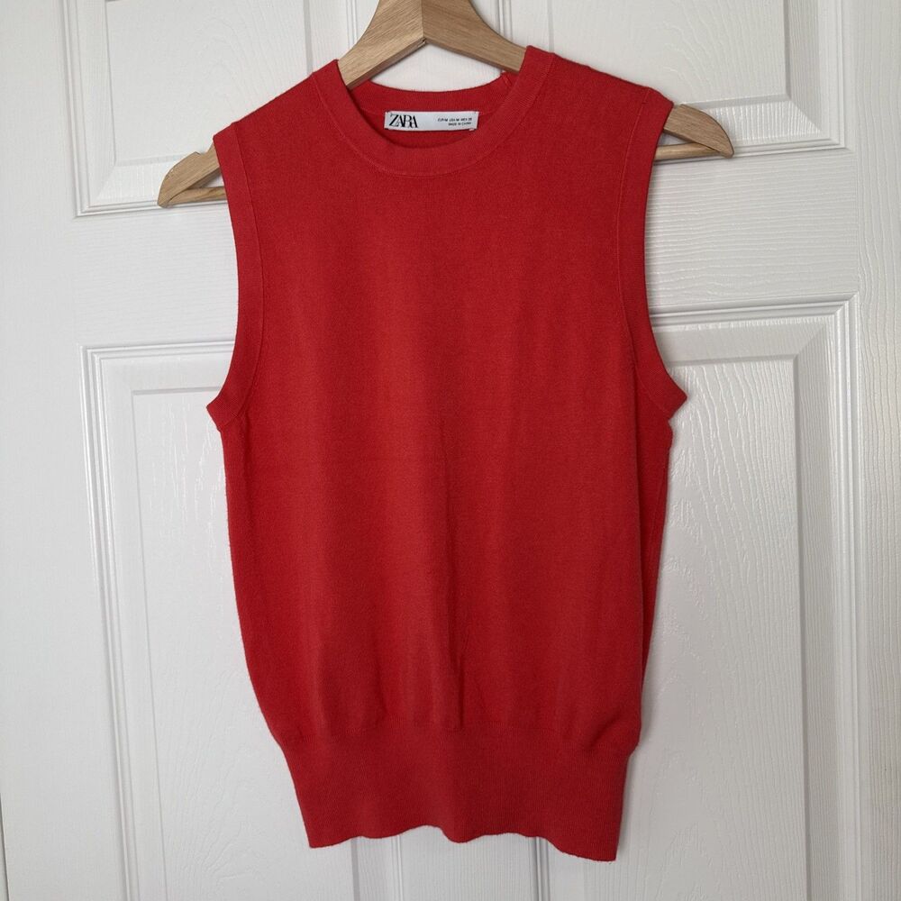 Zara Womens Knit Sweater Vest Sleeveless Crew Neck Preppy Minimalist Orange Med.